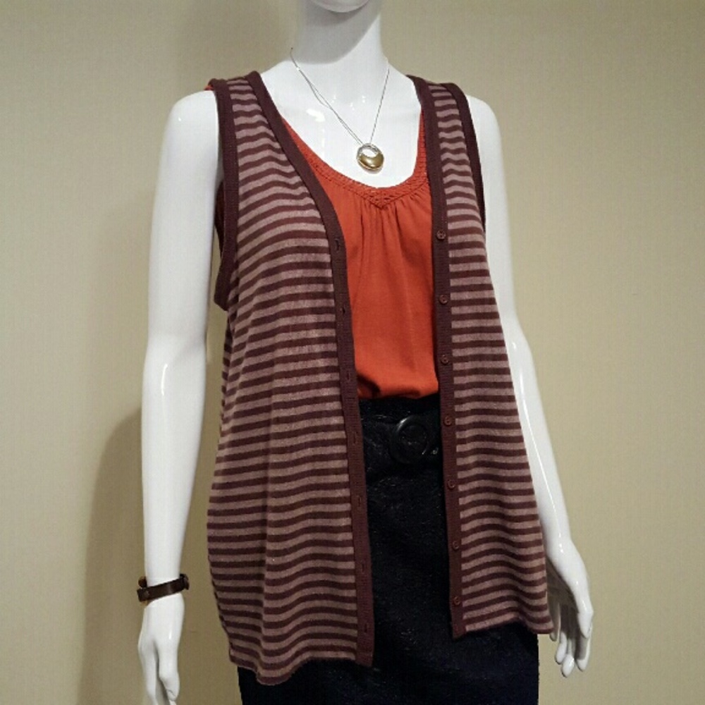 Faith & Passion Sleeveless Knit Cardigan Vest Brown Beige Stripe XL